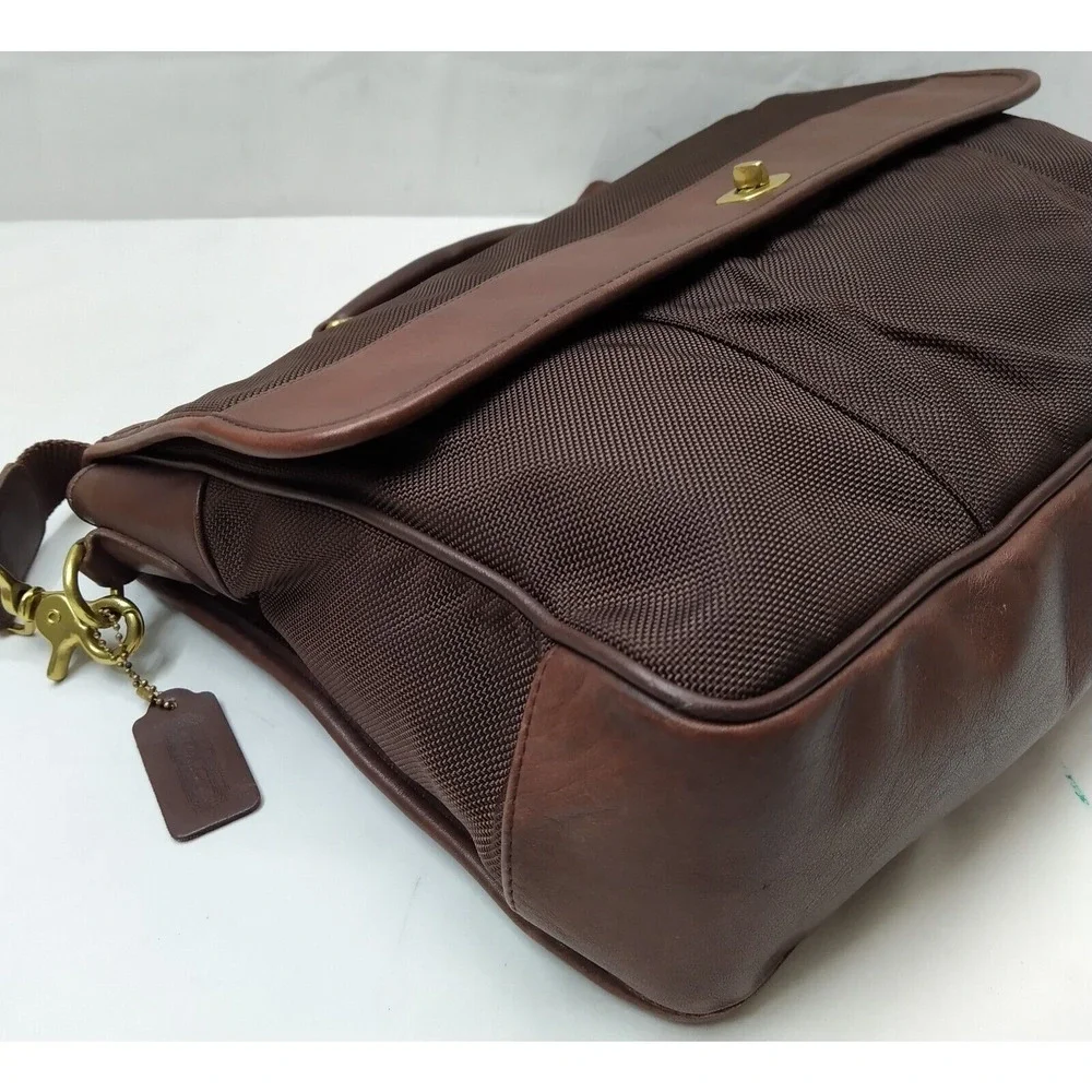 Coach Brown Nylon Leather Turnlock Briefcase Messenger Crossbody Bag - Vintage